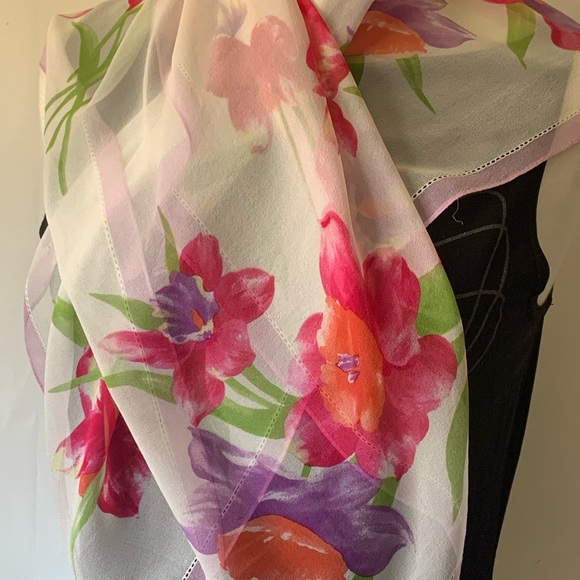 Ralph Lauren Silk Scarf Chiffon Soft Delicate Floral Embroidered 32" Vintage - Picture 8 of 12